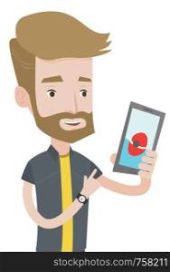 Hipster man with beard playing action game on smartphone. Young man playing with his mobile phone. Man using smartphone for playing games. Vector flat design illustration isolated on white background.. Man playing action game on smartphone
