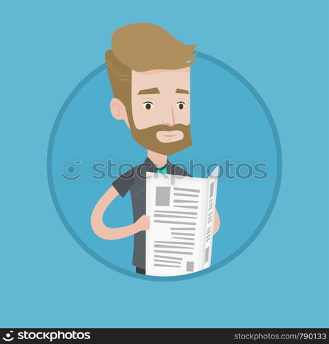 Hipster man with beard reading newspaper. Young smiling man reading good news in newspaper. Man standing with newspaper in hands. Vector flat design illustration in the circle isolated on background.. Man reading newspaper vector illustration.