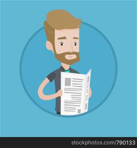 Hipster man with beard reading newspaper. Young smiling man reading good news in newspaper. Man standing with newspaper in hands. Vector flat design illustration in the circle isolated on background.. Man reading newspaper vector illustration.