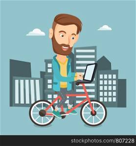 Hipster man with beard riding a bicycle to work. Caucasian cyclist riding a bike in the city. Businessman working on a laptop while riding a bicycle. Vector flat design illustration. Square layout.. Man riding bicycle in the city vector illustration
