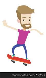 Hipster man with beard riding a skateboard. Caucasian man skateboarding. Young skater riding a skateboard. Man jumping with skateboard. Vector flat design illustration isolated on white background.. Man riding skateboard vector illustration.