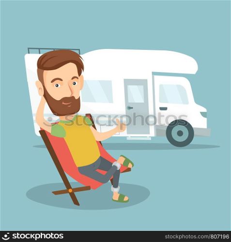Hipster man with beard sitting in a folding chair and giving thumb up on the background of camper van. Young man enjoying vacation in camper van. Vector flat design illustration. Square layout.. Man sitting in chair in front of camper van.