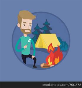 Hipster man with beard sitting near campfire. Caucasian man roasting marshmallow over campfire. Tourist relaxing near campfire. Vector flat design illustration in the circle isolated on background.. Businessman roasting marshmallow over campfire.