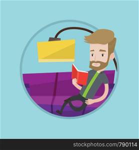Hipster man with beard sitting on the couch and reading a book. Caucasian young man relaxing with book on the couch at home. Vector flat design illustration in the circle isolated on background.. Man reading book on sofa vector illustration.