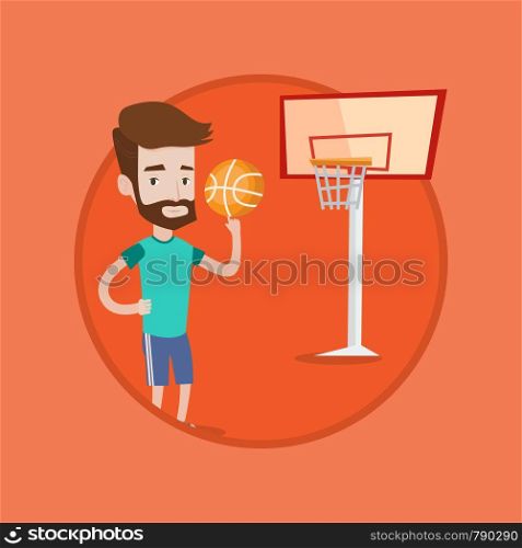 Hipster man with beard spinning basketball ball on his finger. Young caucasian basketball player standing on the basketball court. Vector flat design illustration in the circle isolated on background.. Hipster basketball player spinning ball.