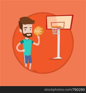 Hipster man with beard spinning basketball ball on his finger. Young caucasian basketball player standing on the basketball court. Vector flat design illustration in the circle isolated on background.. Hipster basketball player spinning ball.