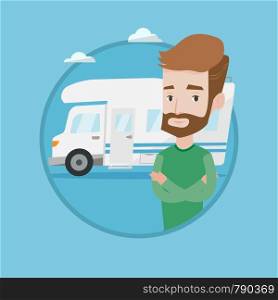 Hipster man with beard standing in front of motor home. Young caucasian man with arms crossed enjoying his vacation in motor home. Vector flat design illustration in the circle isolated on background.. Man standing in front of motor home.
