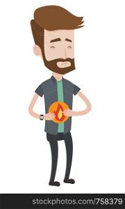 Hipster man with beard suffering from heartburn. Caucasian man having stomach ache from heartburn. Man having stomach ache after fast food. Vector flat design illustration isolated on white background. Man suffering from heartburn vector illustration.