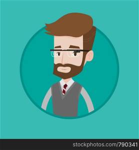 Hipster man with beard wearing wearable computer with an optical head-mounted display. Young caucasian man wearing smart glasses. Vector flat design illustration in the circle isolated on background.. Young man wearing smart glass vector illustration.