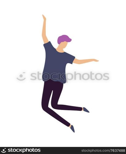 Hipster man with purple hair happily jumping in dance isolated cartoon character. Male character dancing, entertainment at night club or party. Vector illustration in flat cartoon style. Hipster Man with Purple Hair Happily Jump in Dance
