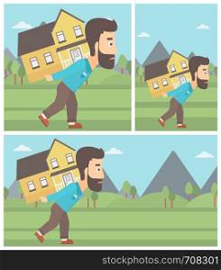 Hipster man with the beard carrying a big house on his back on the background of mountains. Vector flat design Illustration. Square, horizontal, vertical layouts.. Man carrying house.