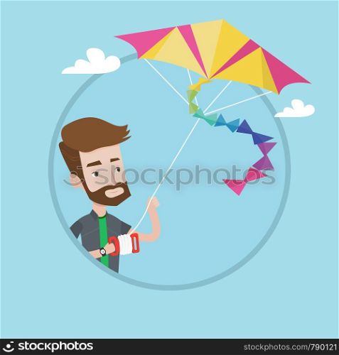 Hipster man with the beard flying a colourful kite. Caucasian yung happy man controlling a kite. Cheerful guy playing with kite. Vector flat design illustration in the circle isolated on background. Young man flying kite vector illustration.