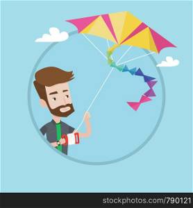 Hipster man with the beard flying a colourful kite. Caucasian yung happy man controlling a kite. Cheerful guy playing with kite. Vector flat design illustration in the circle isolated on background. Young man flying kite vector illustration.