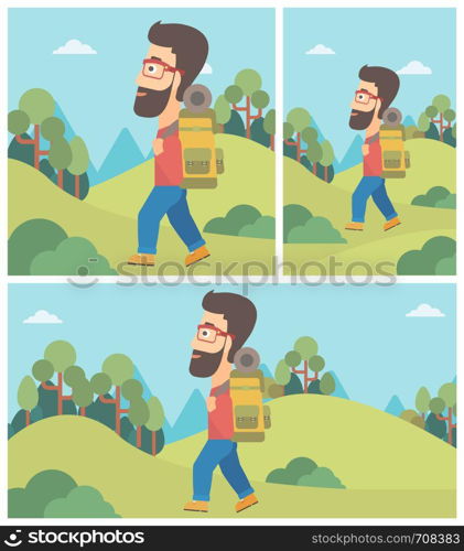 Hipster man with the beard hiking in mountains. Traveler with backpack mountaineering. Hiking man with backpack walking outdoor. Vector flat design illustration. Square, horizontal, vertical layouts.. Man with backpack hiking vector illustration.