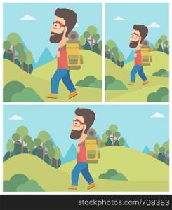 Hipster man with the beard hiking in mountains. Traveler with backpack mountaineering. Hiking man with backpack walking outdoor. Vector flat design illustration. Square, horizontal, vertical layouts.. Man with backpack hiking vector illustration.