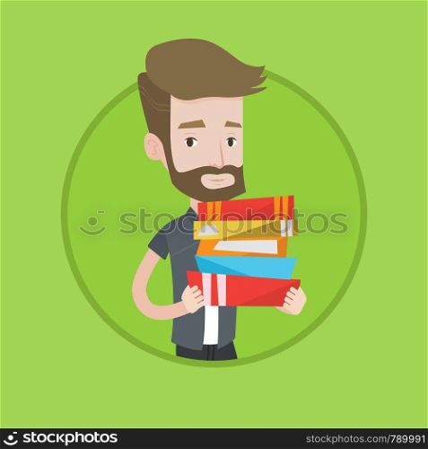 Hipster man with the beard holding a pile of educational books in hands. Young caucasian student carrying huge stack of books. Vector flat design illustration in the circle isolated on background.. Man holding pile of books vector illustration.