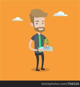 Hipster man with the beard holding in hands plastic bottle with plant growing inside. Man holding plastic bottle used as plant pot. Recycling concept. Vector flat design illustration. Square layout.. Man holding plant growing in plastic bottle.