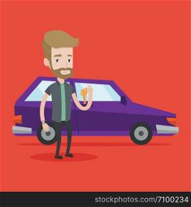 Hipster man with the beard holding keys to his new car. Happy man showing key to his new car. Young caucasian man standing on the backgrond of new car. Vector flat design illustration. Square layout.. Man holding keys to his new car.