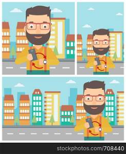 Hipster man with the beard holding smartphone and looking at his smart watch. Synchronization between smartwatch and smartphone. Vector flat design illustration. Square, horizontal, vertical layouts.. Synchronization between smartwatch and smartphone.