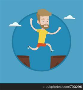 Hipster man with the beard jumping across the gap from one rock to another. Young caucasian sportsman jumping over rocks with gap. Vector flat design illustration in the circle isolated on background.. Sportsman jumping over cliff vector illustration.