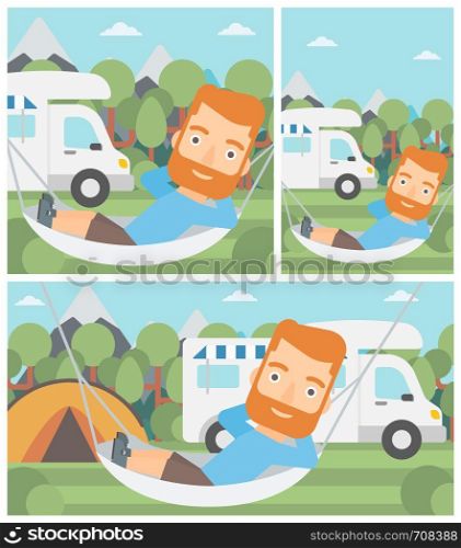 Hipster man with the beard lying in a hammock in front of motor home. Man resting in hammock and enjoying vacation in camper van. Vector flat design illustration. Square, horizontal, vertical layouts.. Man lying in hammock in front of motor home.