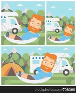 Hipster man with the beard lying in a hammock in front of motor home. Man resting in hammock and enjoying vacation in camper van. Vector flat design illustration. Square, horizontal, vertical layouts.. Man lying in hammock in front of motor home.