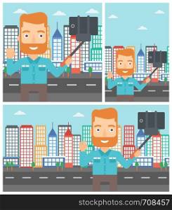 Hipster man with the beard making selfie with a selfie-stick. Man taking photo with cellphone and waving on a city background. Vector flat design illustration. Square, horizontal, vertical layouts.. Man making selfie vector illustration.