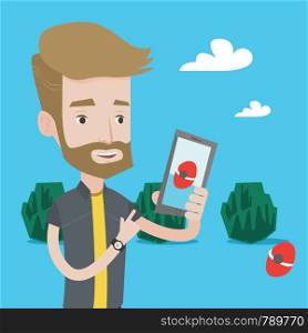 Hipster man with the beard playing action game on smartphone. Young man playing with his mobile phone outdoor. Man using smartphone for playing games. Vector flat design illustration. Square layout.. Hipster man with the beard playing action game on smartphone