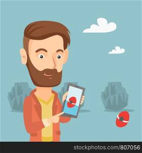 Hipster man with the beard playing action game on smartphone. Young man playing with his mobile phone outdoor. Man using smartphone for playing games. Vector flat design illustration. Square layout.. Man playing action game on smartphone.