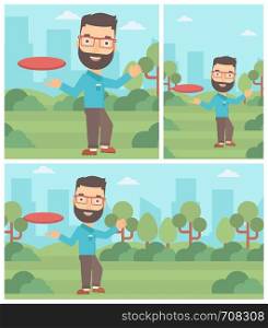 Hipster man with the beard playing flying disc in the park. Man throwing a flying disc. Sportsman catching flying disc outdoors. Vector flat design illustration. Square, horizontal, vertical layouts.. Man playing flying disc vector illustration.