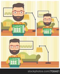 Hipster man with the beard showing a tablet computer with smart home application on a screen on the background of living room. Vector flat design illustration. Square, horizontal, vertical layouts.. Smart home automation vector illustration.