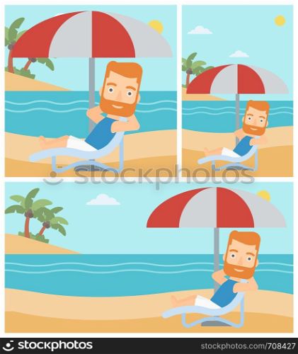 Hipster man with the beard sitting in a chaise longue on the beach. Young man relaxing while sitting under umbrella on the beach. Vector flat design illustration. Square, horizontal, vertical layouts.. Man relaxing on beach chair vector illustration.