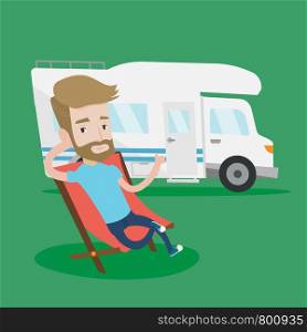 Hipster man with the beard sitting in a folding chair and giving thumb up on the background of camper van. Young man enjoying vacation in camper van. Vector flat design illustration. Square layout. Man sitting in chair in front of camper van.
