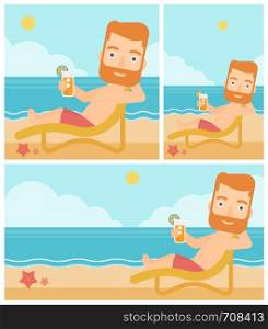 Hipster man with the beard sitting in chaise longue and holding a cocktail in hand on the background of sand beach with blue sea. Vector flat design illustration. Square, horizontal, vertical layouts.. Man sitting in chaise longue vector illustration.