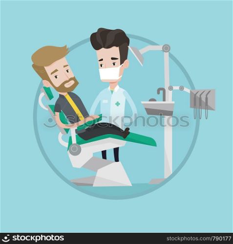 Hipster man with the beard sitting in dental chair. Doctor and patient in the dental clinic. Patient on reception at the dentist. Vector flat design illustration in the circle isolated on background.. Patient and doctor at dentist office.