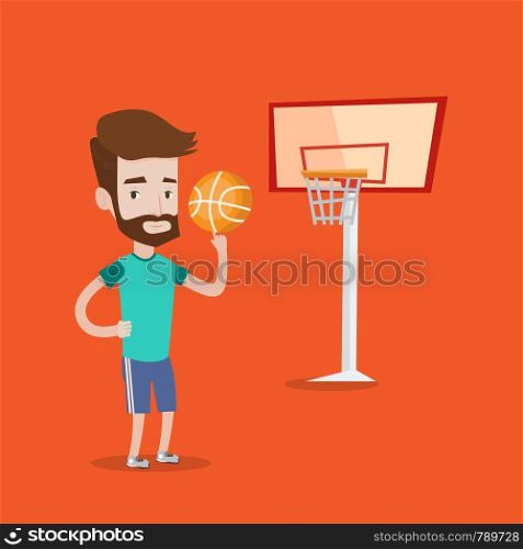 Hipster man with the beard spinning basketball ball on his finger. Young basketball player standing on the basketball court. Basketball player in action. Vector flat design illustration. Square layout. Hipster basketball player spinning ball.