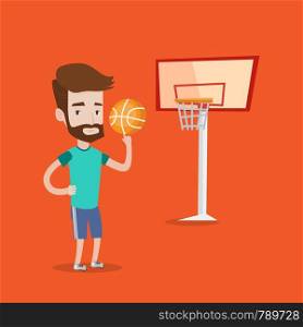 Hipster man with the beard spinning basketball ball on his finger. Young basketball player standing on the basketball court. Basketball player in action. Vector flat design illustration. Square layout. Hipster basketball player spinning ball.
