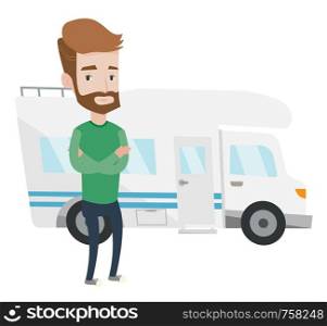 Hipster man with the beard standing in front of motor home. Young caucasian man with arms crossed enjoying his vacation in motor home. Vector flat design illustration isolated on white background.. Man standing in front of motor home.