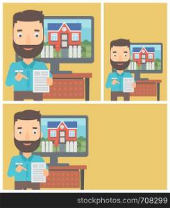 Hipster man with the beard standing in front of tv screen with house photo on it and pointing at a real estate contract. Vector flat design Illustration. Square, horizontal, vertical layouts.. Real estate agent offering house.