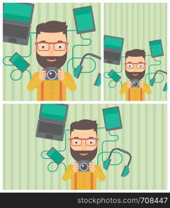 Hipster man with the beard taking photo with digital camera. Man surrounded with gadgets. Man using many electronic gadgets. Vector flat design illustration. Square, horizontal, vertical layouts.. Young man surrounded with his gadgets.