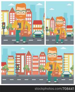 Hipster man with the beard using a smartphone. Businessman with briefcase working with smartphone on a city background. Vector flat design illustration. Square, horizontal, vertical layouts.. Man using smartphone vector illustration.