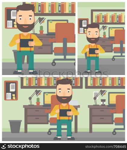 Hipster man with the beard using a tablet computer. Businessman working with a digital tablet on the background of office. Vector flat design illustration. Square, horizontal, vertical layouts.. Man using tablet computer vector illustration.