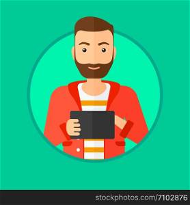 Hipster man with the beard using a tablet computer. Businessman working with a digital tablet. Businessman holding digital tablet. Vector flat design illustration in the circle isolated on background.. Man using tablet computer.