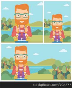 Hipster man with the beard walking in the mountains. Male traveler with backpack and binoculars. Backpacker hiking in mountains. Vector flat design illustration. Square, horizontal, vertical layouts.. Cheerful traveler with backpack.