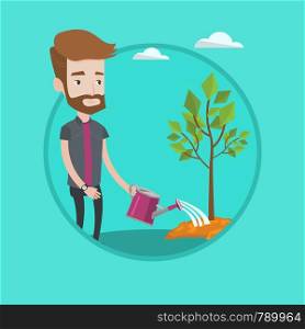 Hipster man with the beard watering tree. Young caucasian gardener with watering can. Concept of environmental protection. Vector flat design illustration in the circle isolated on background.. Man watering tree vector illustration.
