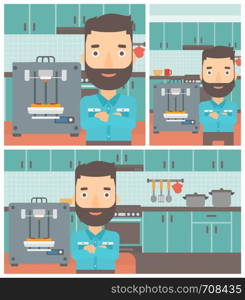 Hipster man working with three D printer making pizza on background of kitchen. Man with crossed arms standing near 3D printer. Vector flat design illustration. Square, horizontal, vertical layouts.. Man with three D printer vector illustration.