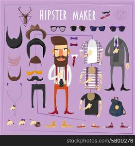 Hipster master accessories constructor with sets of fake mustaches sun glasses and footwear abstract flat vector illustration. Hipster master creative constructor set
