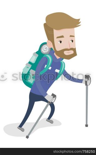 Hipster mountaneer climbing a snowy ridge. Young mountaineer climbing a mountain. Mountaineer with backpack walking up along a snowy ridge. Vector flat design illustration isolated on white background. Young mountaneer climbing a snowy ridge.