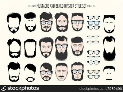 Hipster mustache and beard fashion silhouette. Set of nine various styles. Isolated on light background.