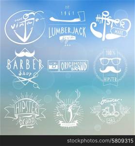 Hipster original white labels on blue background with lumber ax and vintage camera abstract vector isolated illustration. Hipster white vintage labels background